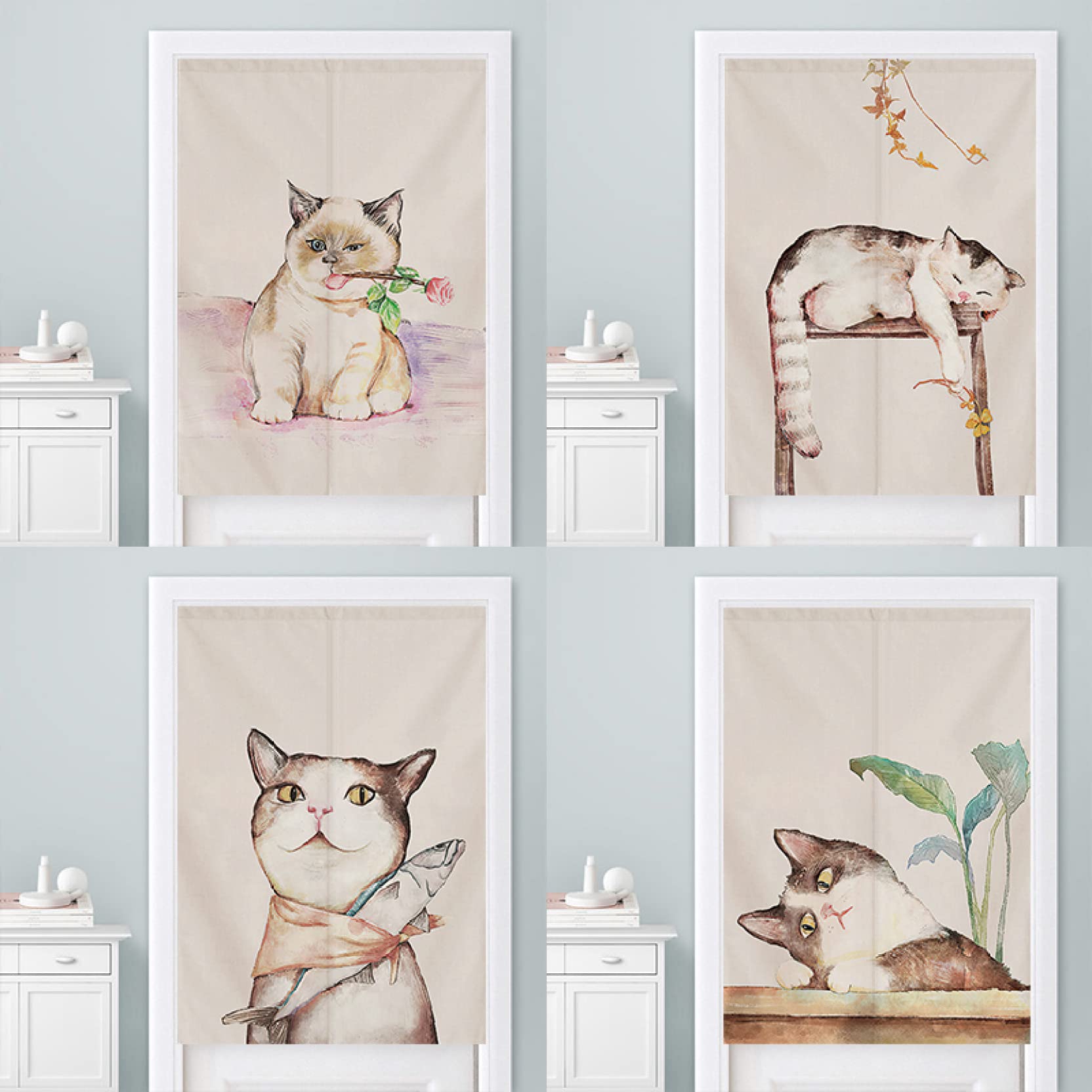 Amazon｜猫柄のれん ドアカーテン 幅60CM/幅70CM/幅80CM 棒つき 暖簾